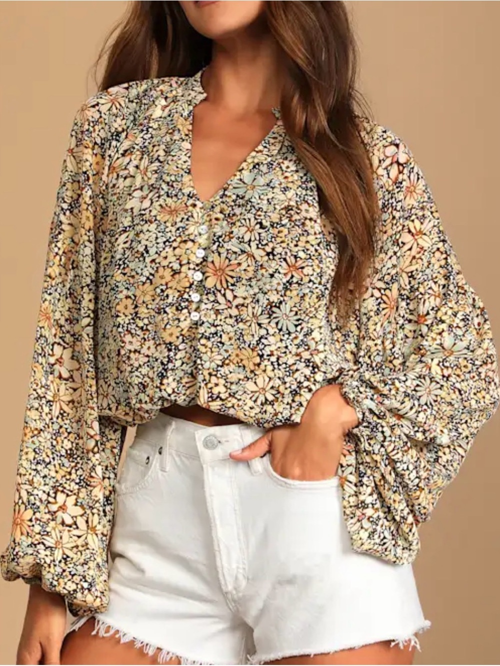 Lulu's Cream and Yellow Floral Button-Front Blouse